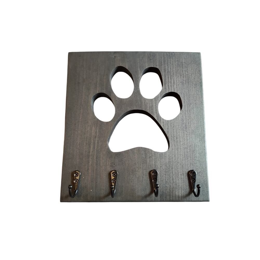 Paw Print Wooden Leash or Key Holder Rustic Gray